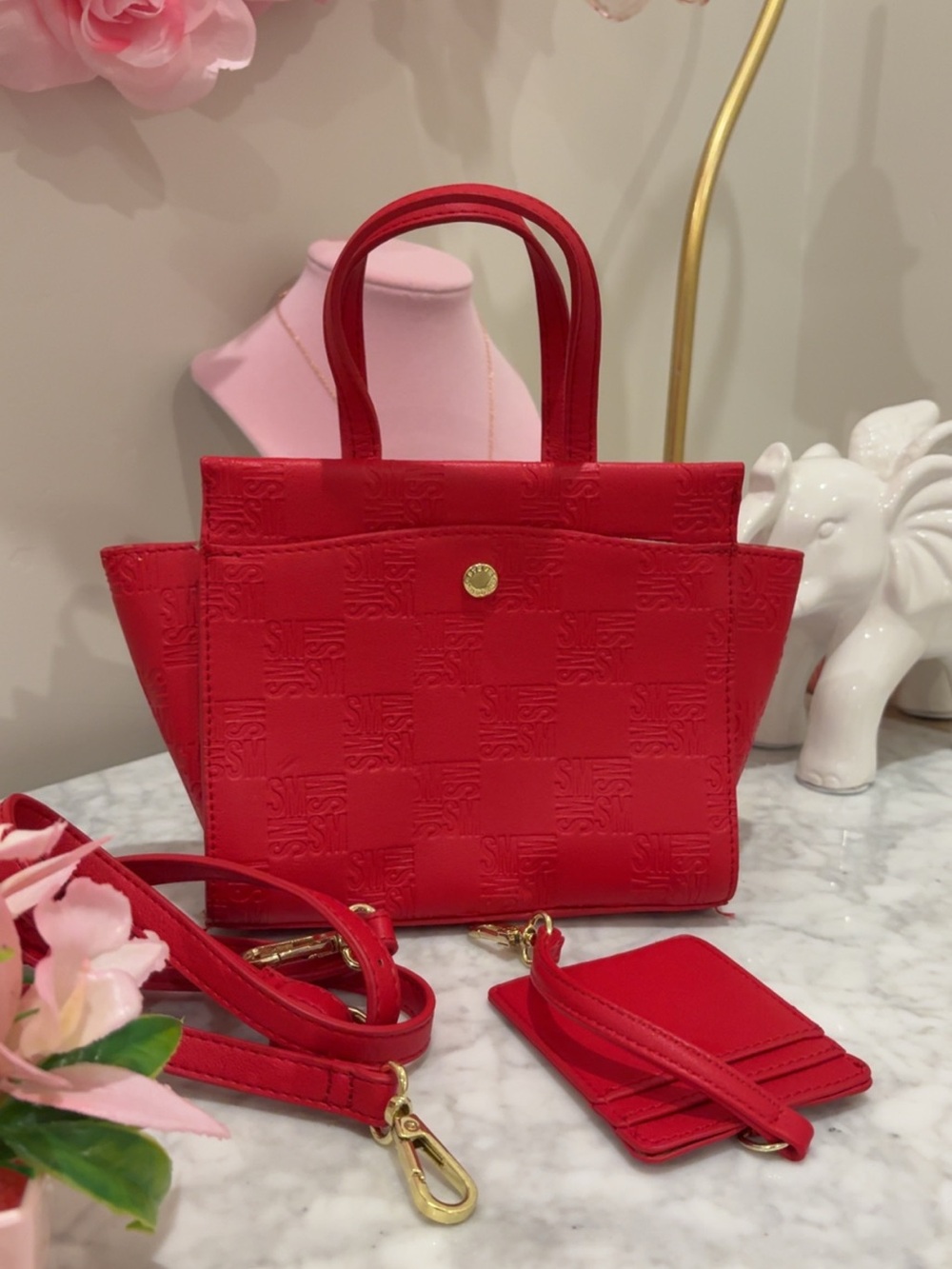 Red Embossed Mini Tote Bag with Card Holder